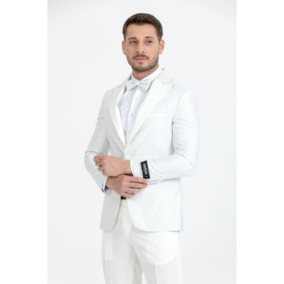 Derman White Floral Pattern Textured Fabric Tuxedo - Picture 6 of 7